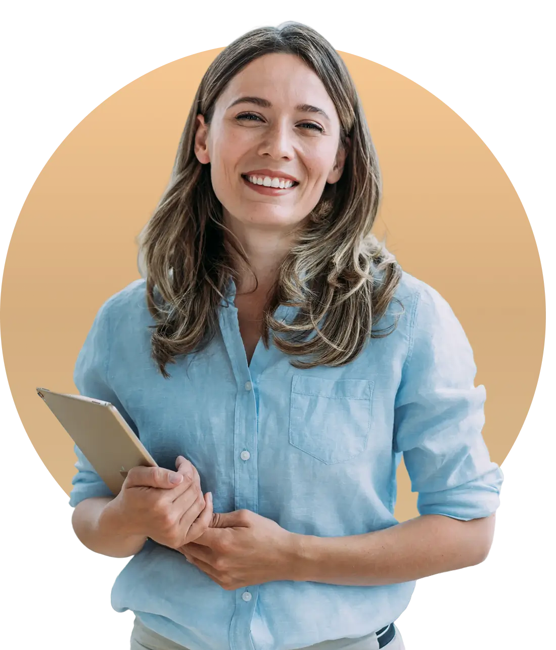 Happy woman in blue shirt
