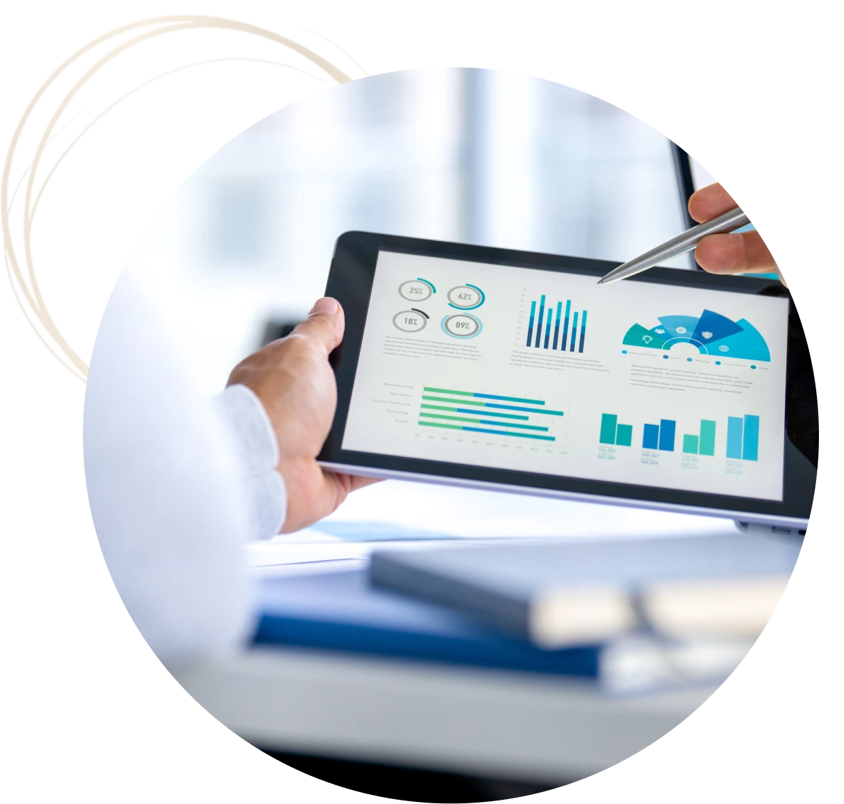Tablet displaying colorful business charts